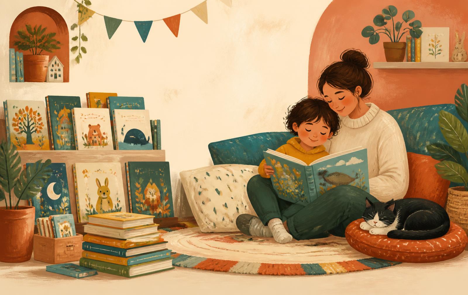 A cosy reading nook with children's picture books